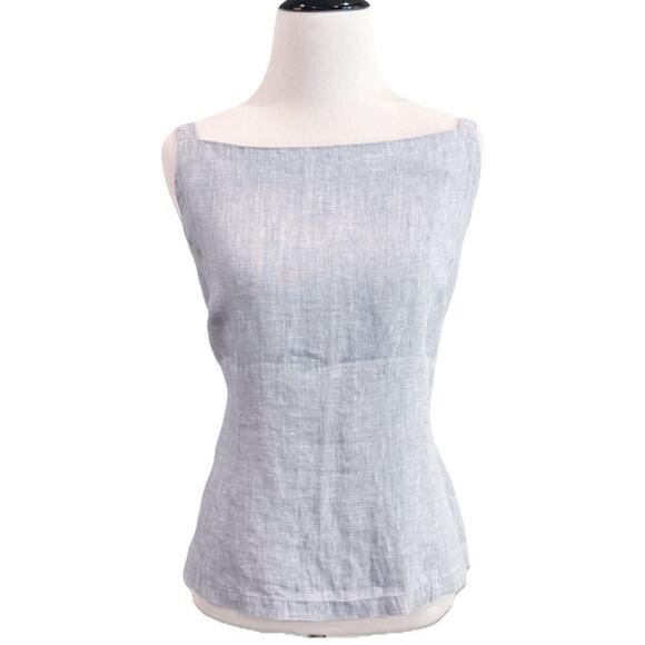 American Vintage Tops - Vintage 90s Square Neck Tank Top Size 40 Large Blue 100% Linen Back Button Close